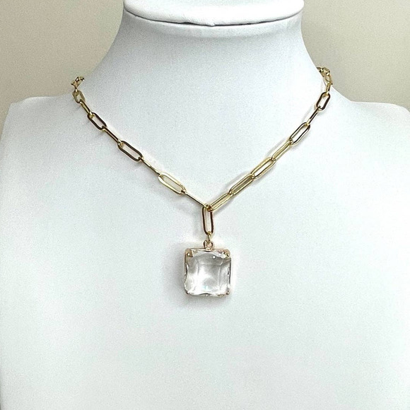 NEW Necklace Paperclip Chain 16" 18" 20" Clear Faceted Glass Pendant Trendy M13 - Picture 3 of 6